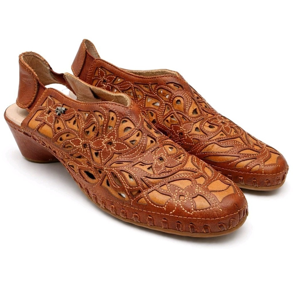 Pikolinos Sandals Womens 38 US 7.5 Brown Leather Floral Embroidered Sling Back